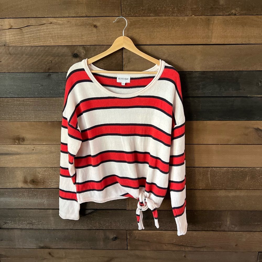 Olive + Oak Red White Striped Knit Tie Front Sweater Nautical Coastal Pullover